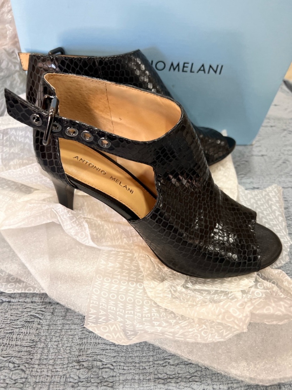 ANTONIO MELANI Black Snakeskin-Effect Peep-Toe Ankle Strap Heels